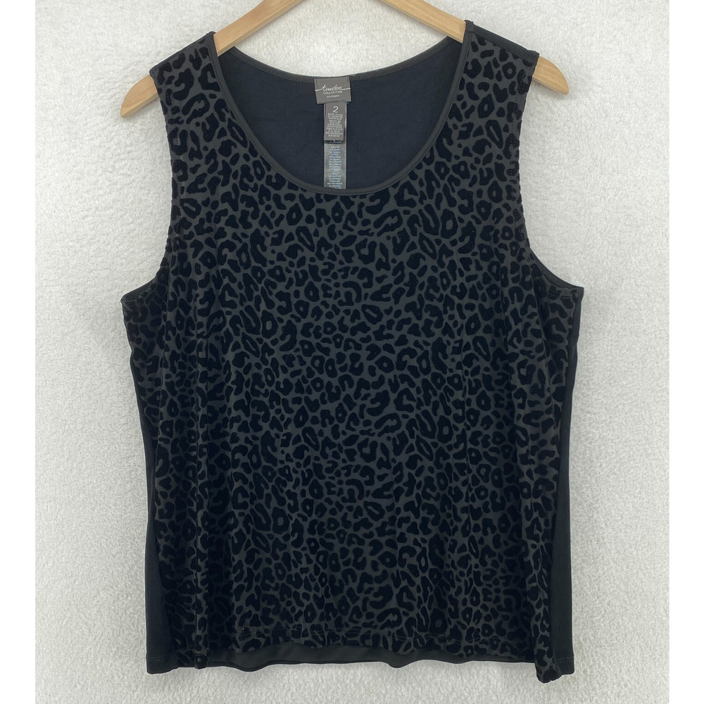 CHICOS Tank Top 2 L TRAVELERS Velvet Burnout Leopard Scoop Neck Black USA